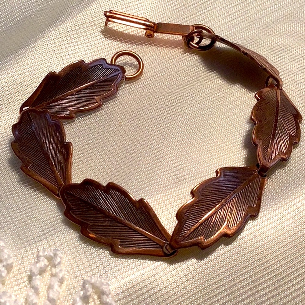 Vintage Solid Copper Detailed Leaf Link Bracelet - image 1